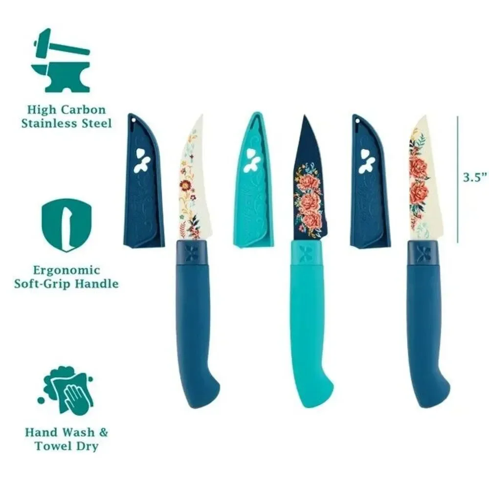 Pioneer Woman Keepsake Floral Stainless Steel Paring Knife Set 3pc Blade Cover
